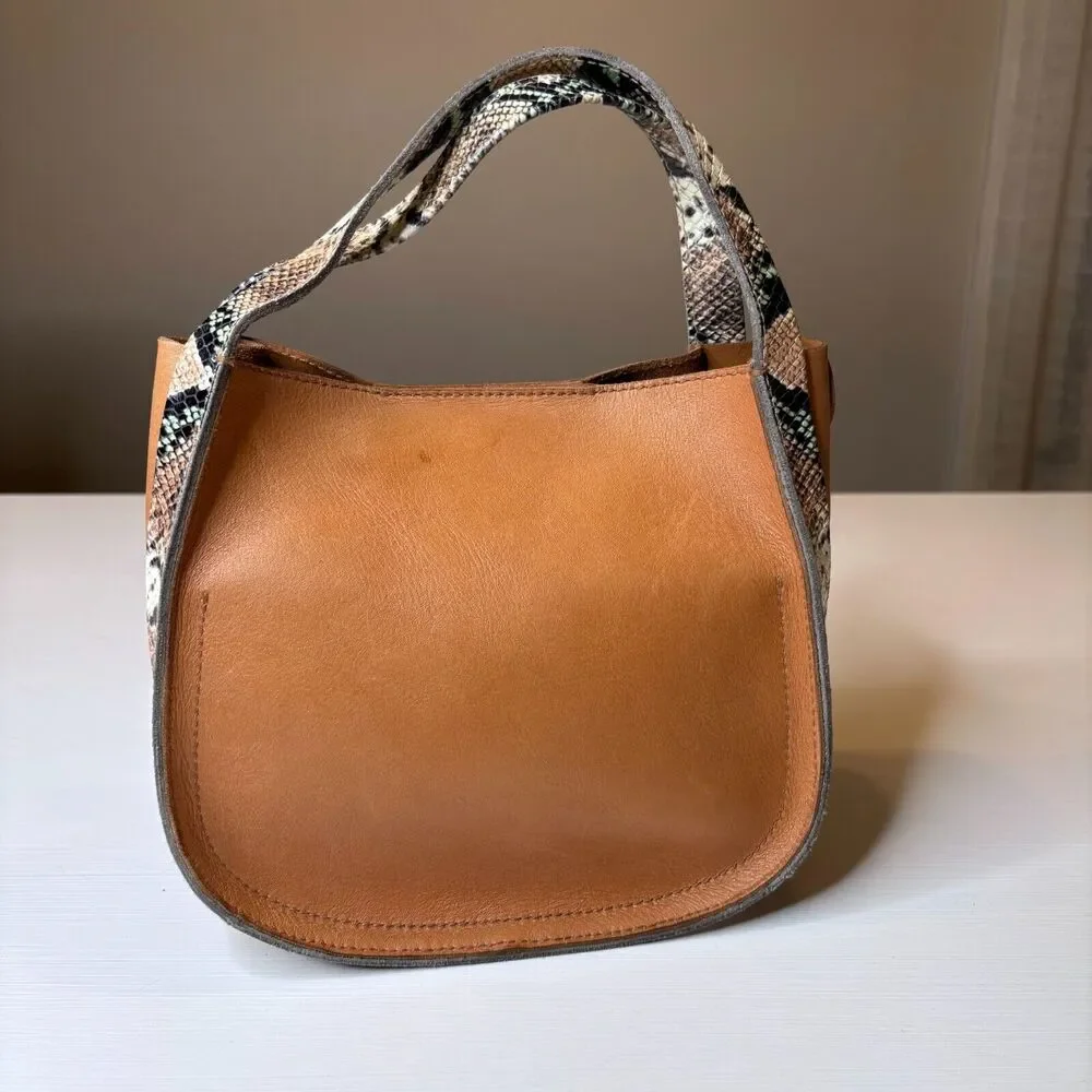 Madewell Brown Tan Leather Snakeskin Detail Double Handle‎ Satchel Crossbody Bag